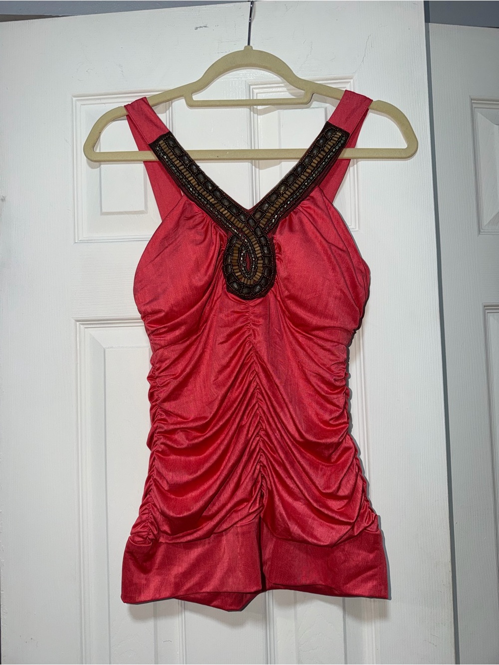 My Michelle Red Ruched V-Neck Beaded Tankini Top